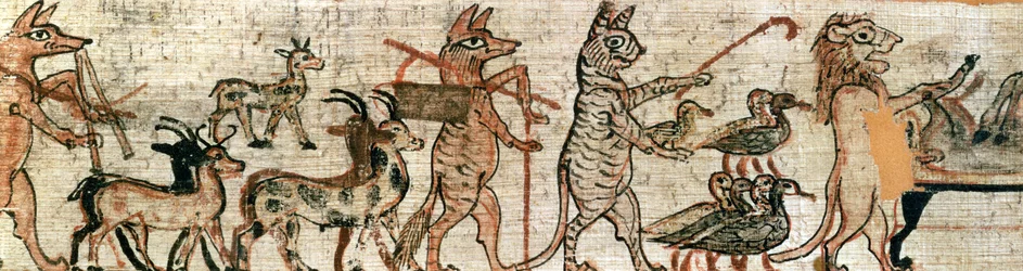 Das Satirische Papyrus, Detail von der rechten Seite, das eine Katze zeigt, die Gänse hütet, und einen Löwen, der einen Esel mumifiziert, aus Theben, ca. 1100 v. Chr.